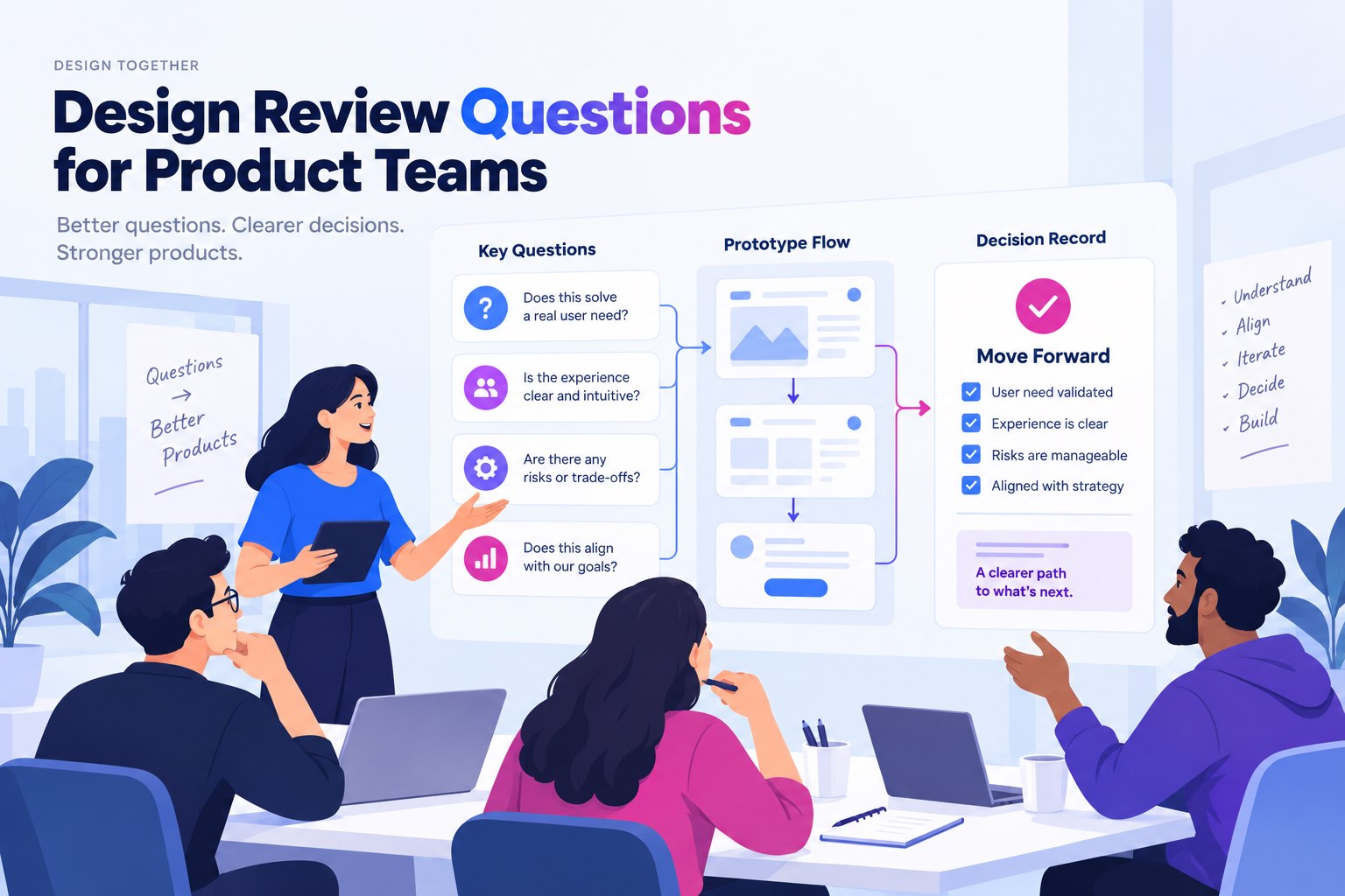 Design review questions connecting a prototype flow to recorded decisions