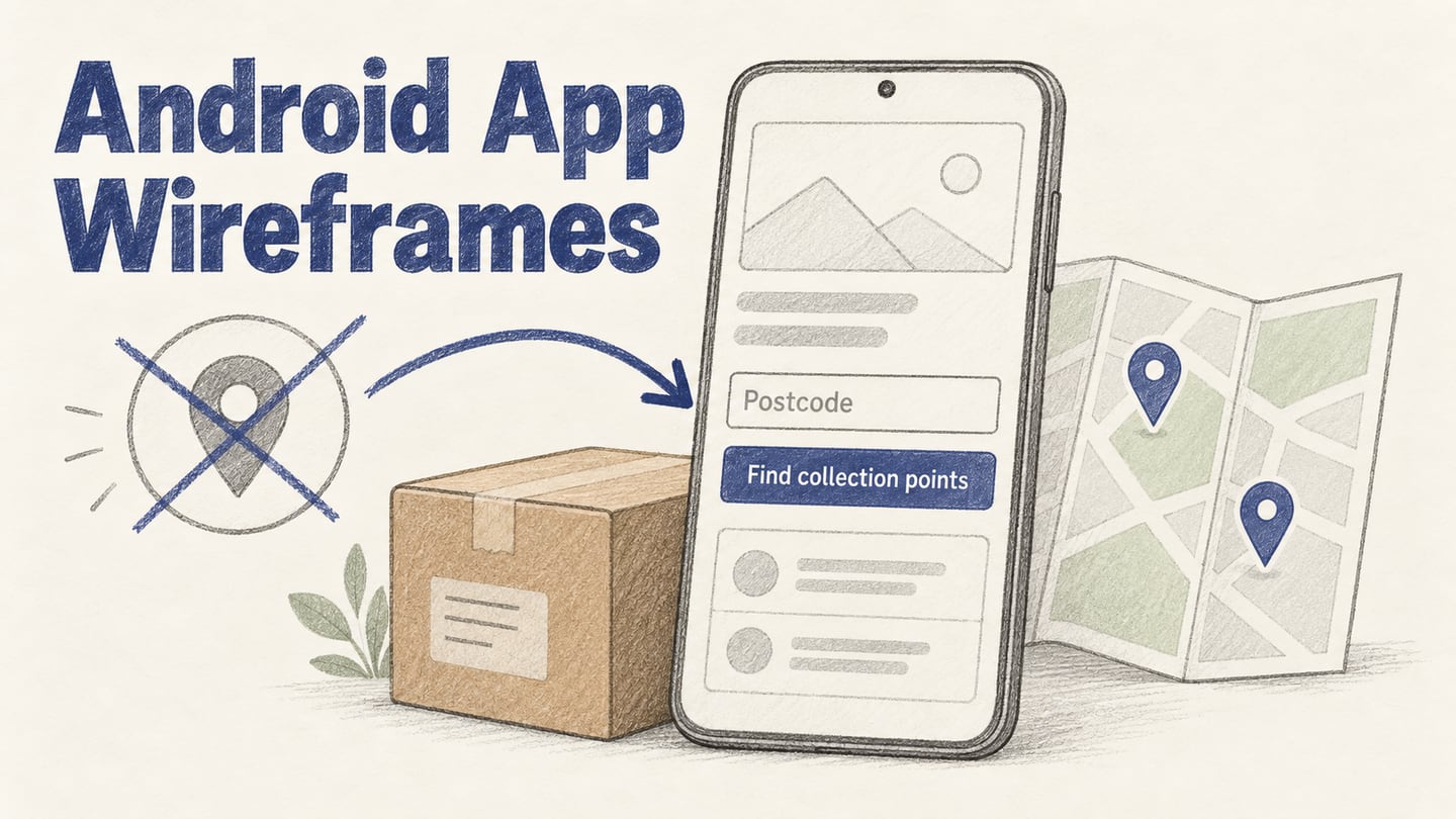 An Android wireframe for finding parcel collection points with a manual postcode route beside location access.