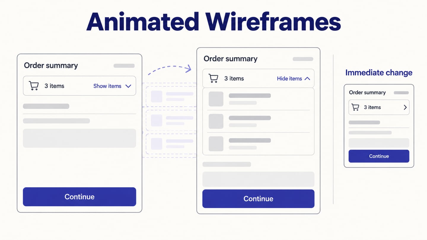 Collapsed and expanded order-summary wireframes showing the same content and an immediate-change alternative.