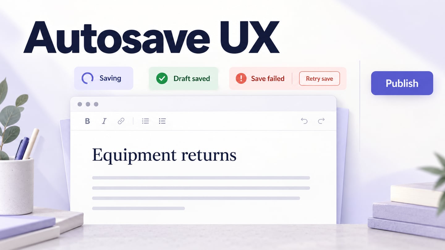 A document draft with saving, saved and failed-save indicators, with publishing shown as a separate action.