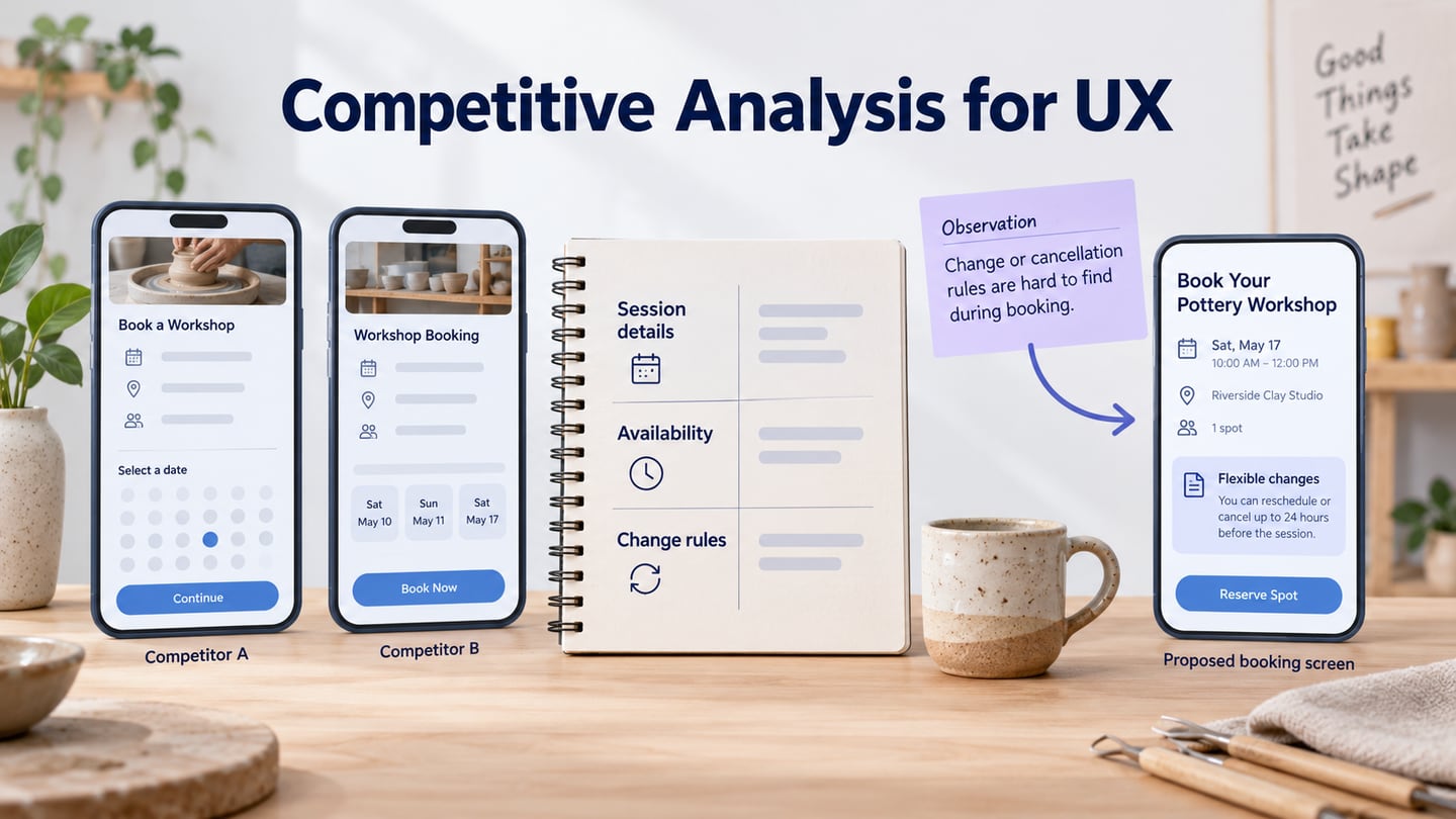 Workshop-booking interfaces compared by session details, availability and change-rule visibility.