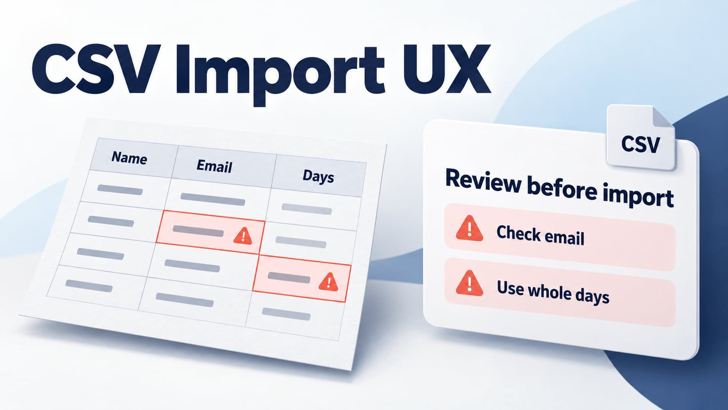 A supplier CSV with two highlighted field errors beside a review-before-import panel.