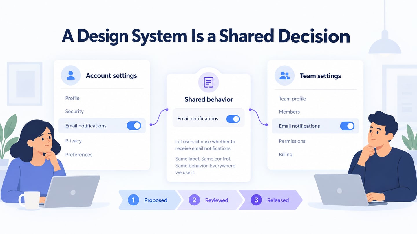 A shared notification preference connecting Account and Team settings through a reviewed specification.