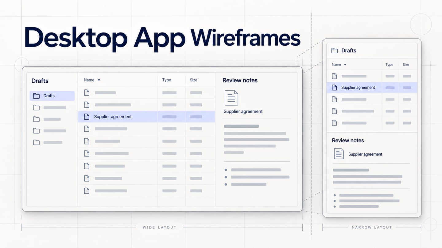 A desktop contract-review wireframe with folder, file table and detail regions alongside a narrower window layout.