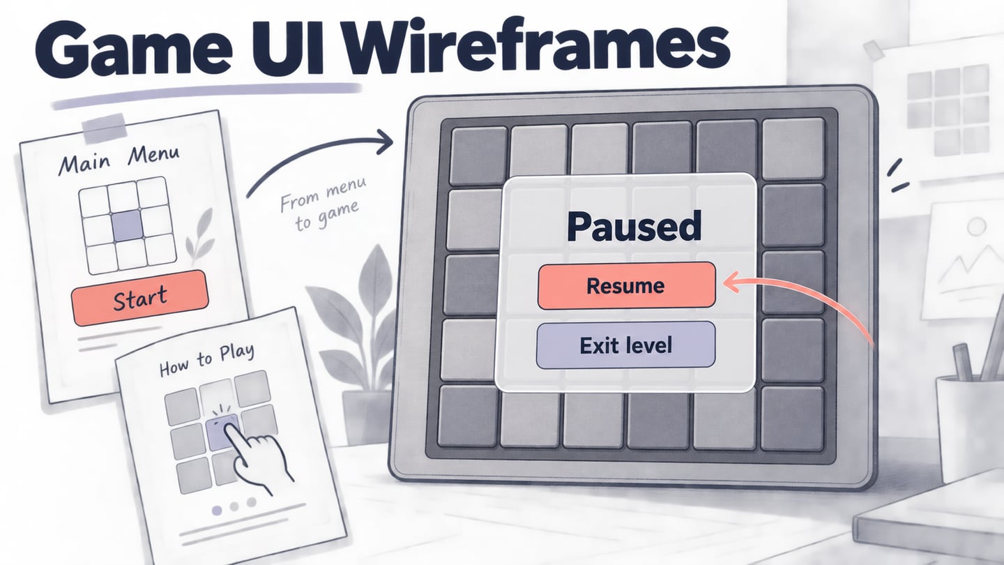 A tile-puzzle wireframe showing Start, a simple tutorial and a pause overlay with a Resume route.