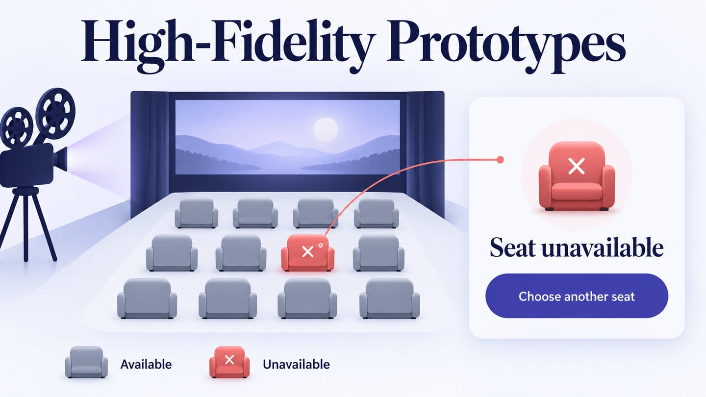 A cinema seat-selection interface showing an unavailable seat and recovery.