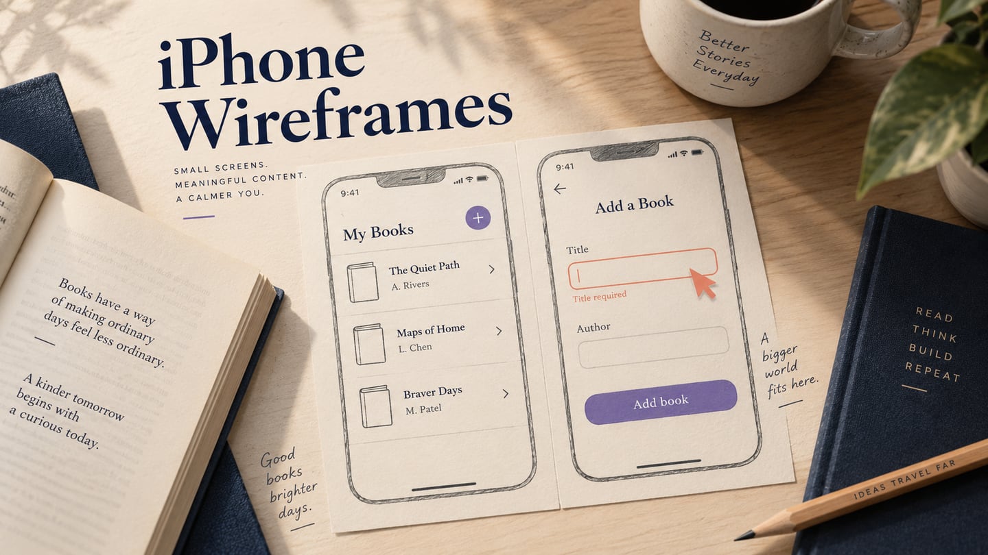 An iPhone-shaped reading-list wireframe beside an Add book form that highlights the required title.