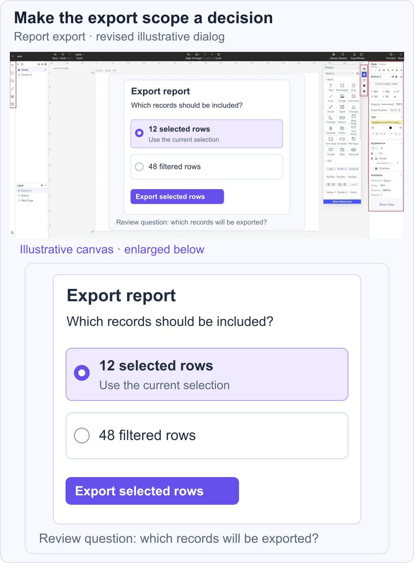 Revised export dialog distinguishes 12 selected rows from 48 filtered rows and names the scope in the action.