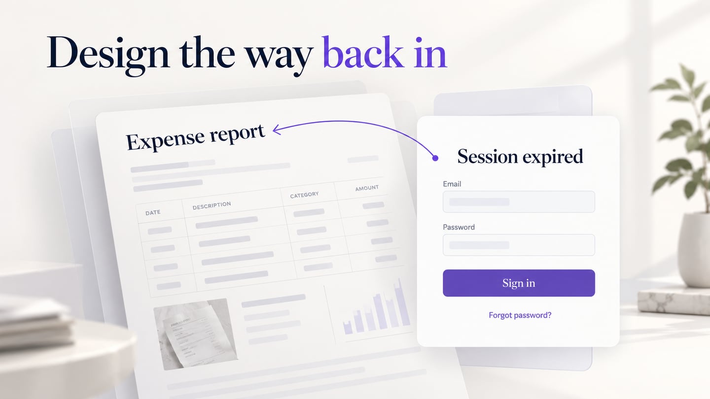 A sign-in panel in front of a paused expense report shows the path back to the original task.