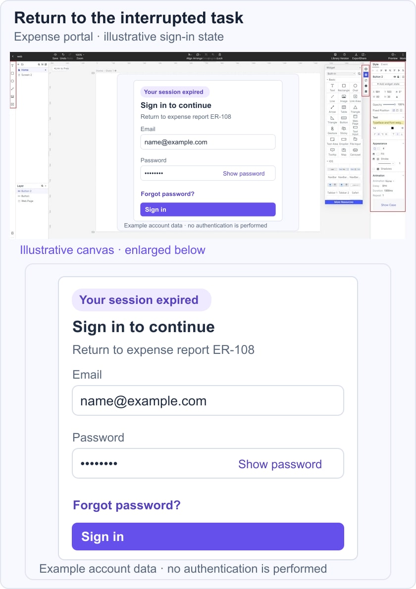 Expense portal sign-in explains session expiry and return to expense report ER-108 with a visible recovery link.
