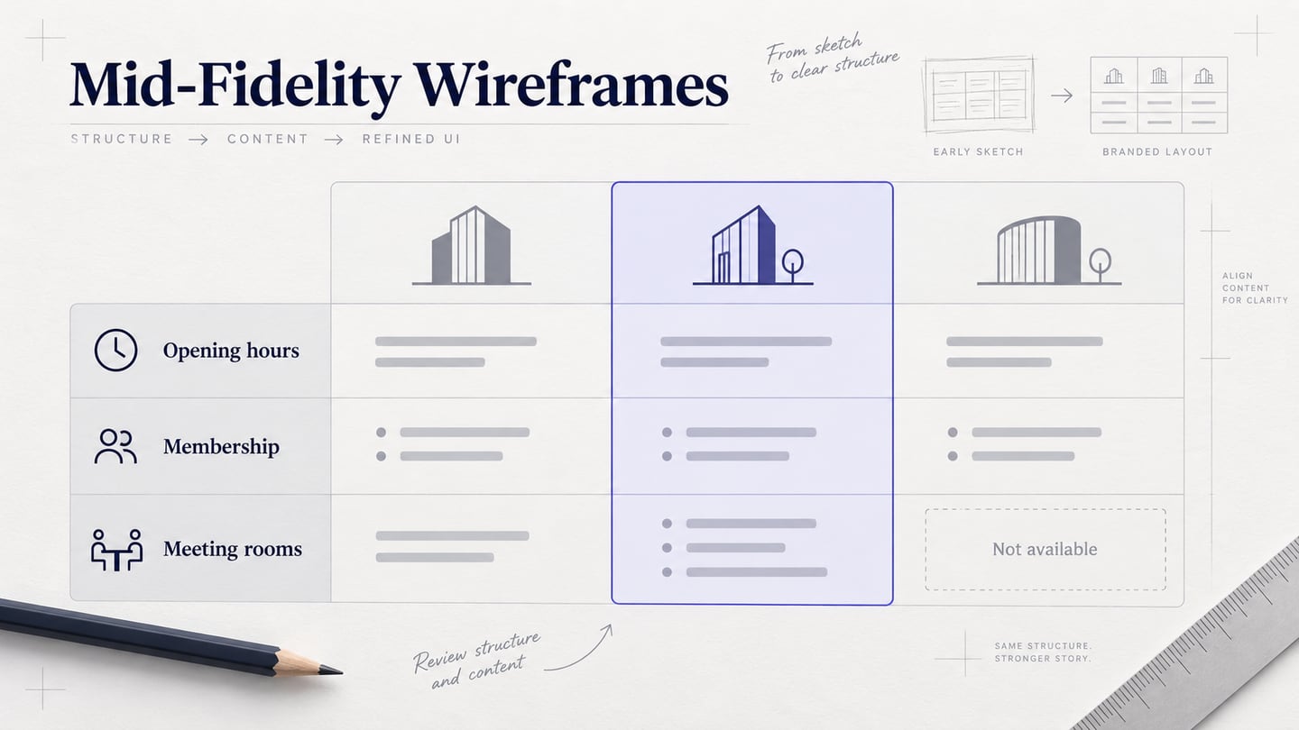 A mid-fidelity coworking-space comparison wireframe with aligned attributes and an unavailable-information cell.