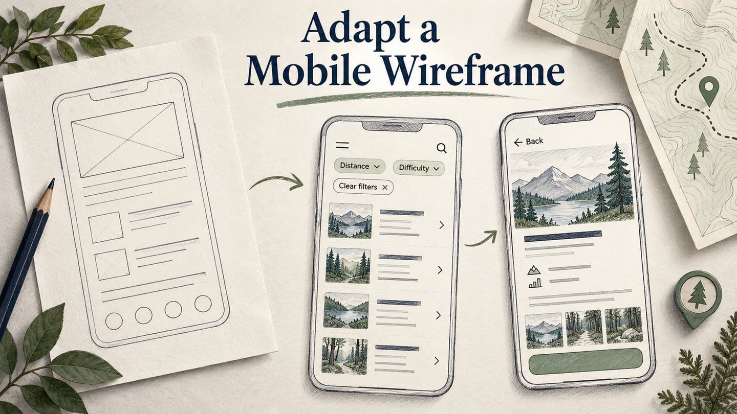 A mobile wireframe template adapted into trail-list, trail-detail and filter-recovery layouts.