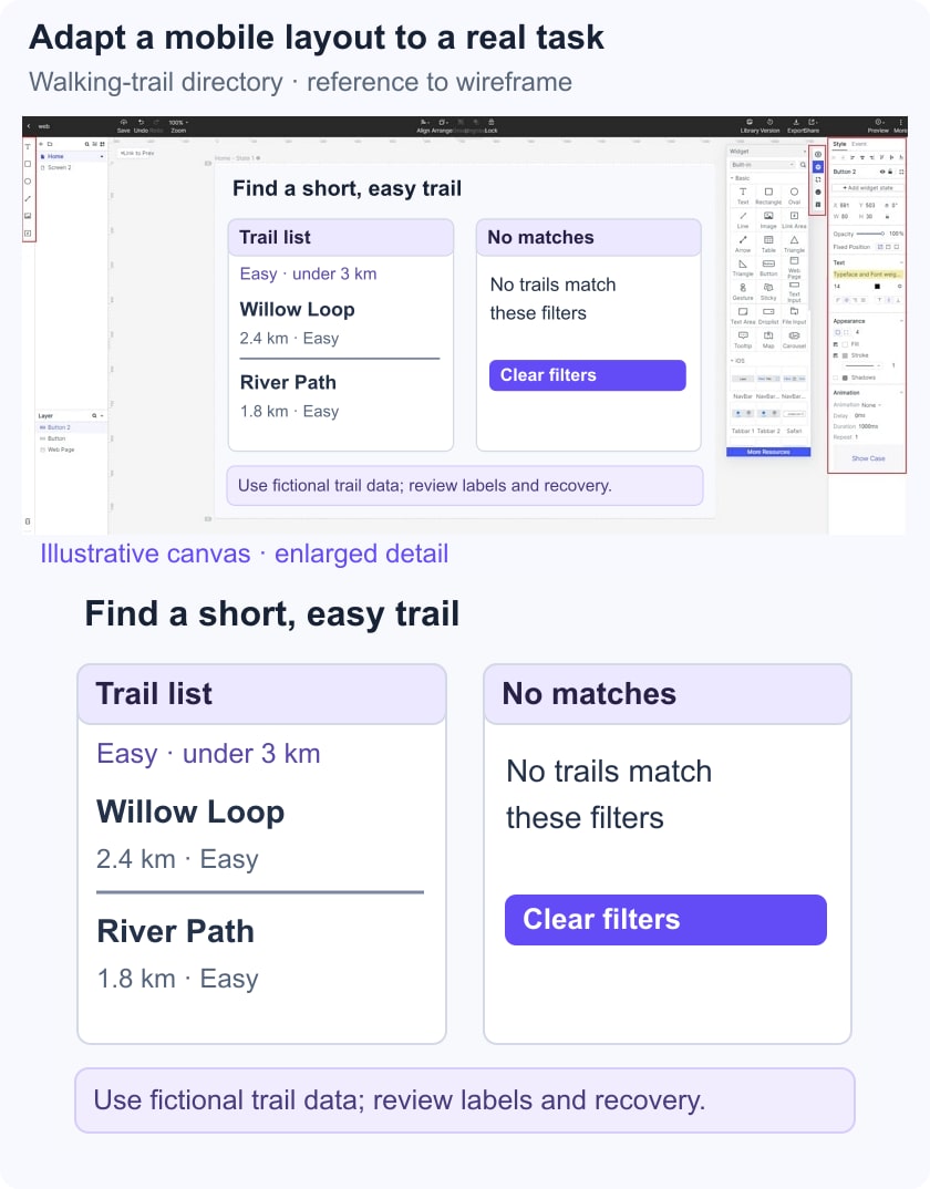 Illustrative walking-trail results beside a no-matches state with a Clear filters action.