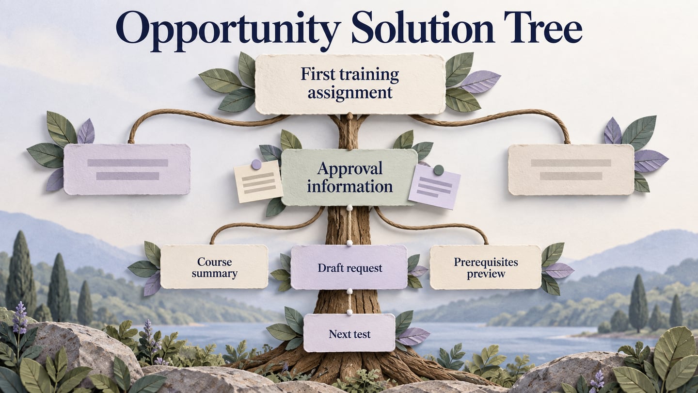 An opportunity solution tree connects a training outcome to an approval-information need, three alternatives and a next test.