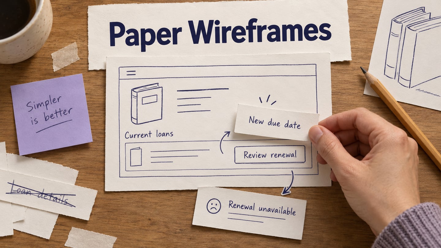 Paper library-loan wireframes with movable renewal and restriction cards being reviewed on a desk.