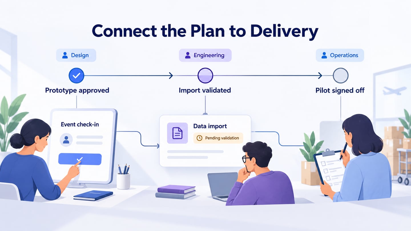 An event check-in project plan linking prototype approval, import validation and pilot sign-off.