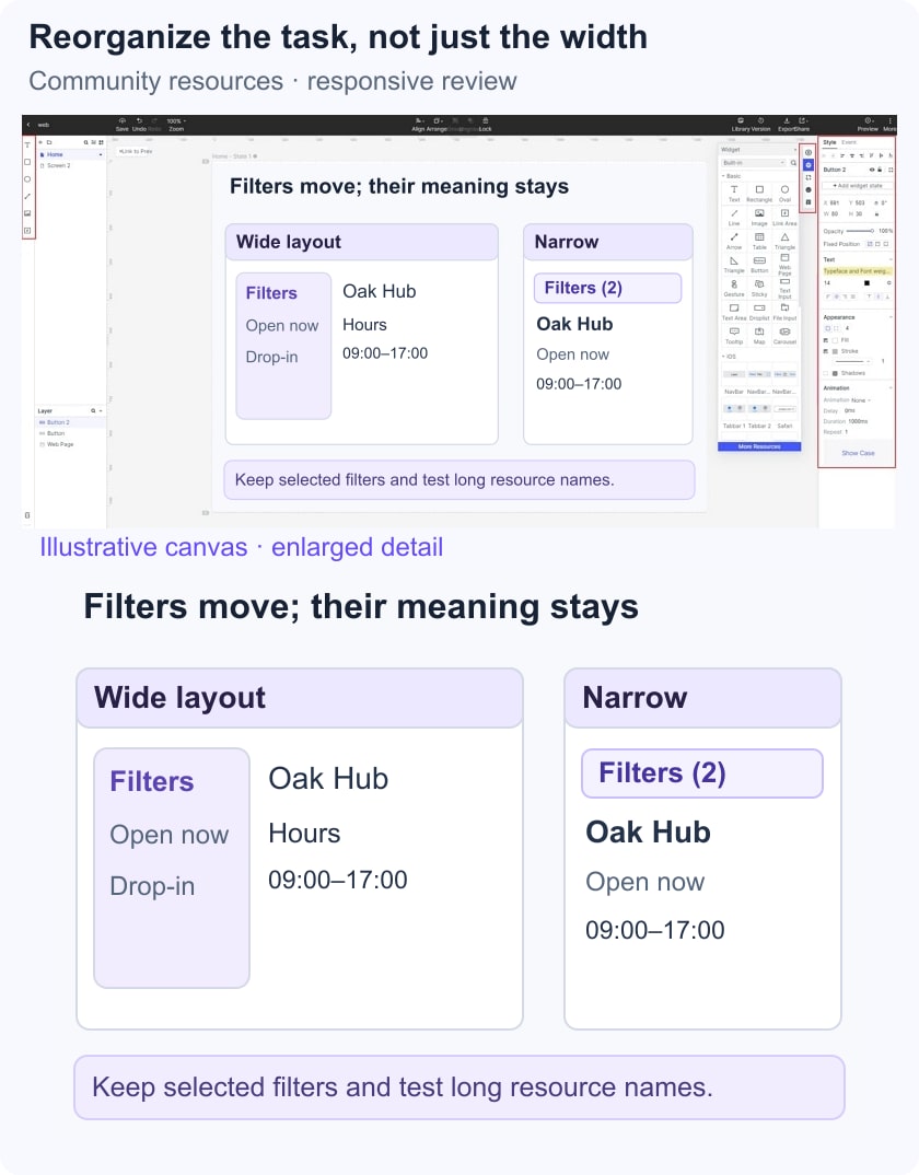 Illustrative wide and narrow community-resource layouts preserving the same selected filters.