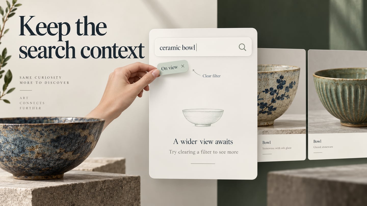 A ceramic-bowl search retains its query while an On view filter is removed to recover results.