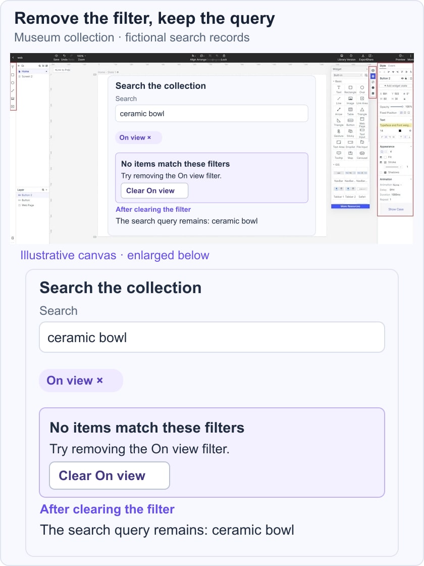 Museum search shows a ceramic bowl query and On view filter with a recovery action that preserves the query.