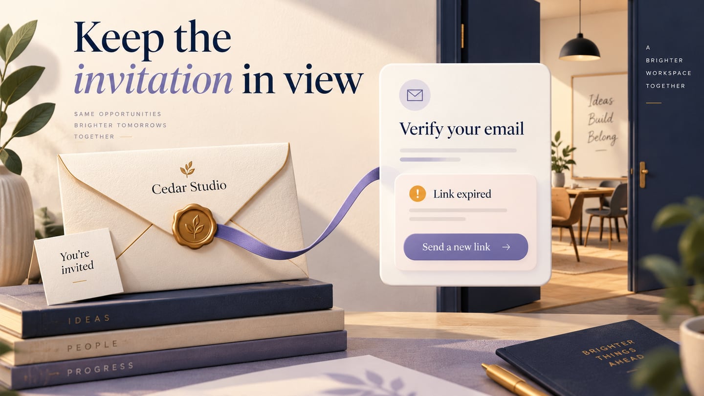 A Cedar Studio invitation remains visible beside account verification and a resend-link option.