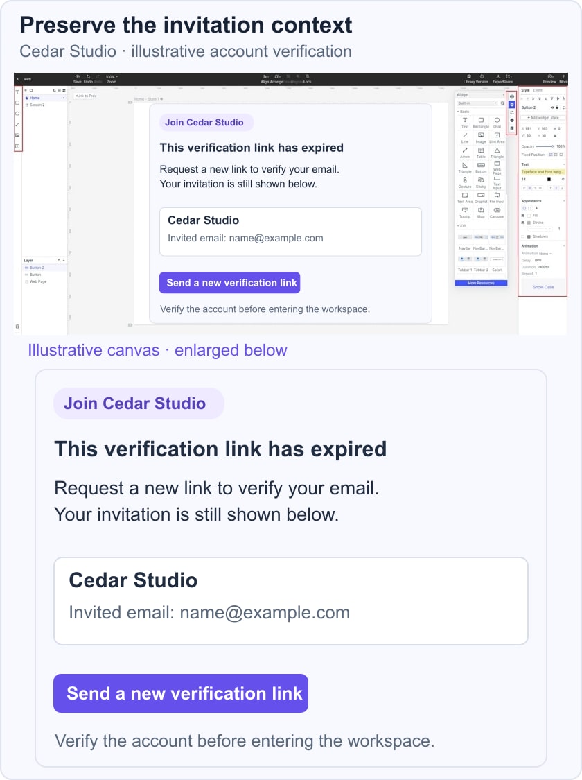 Expired verification-link example retains the Cedar Studio invitation and offers a new verification email.