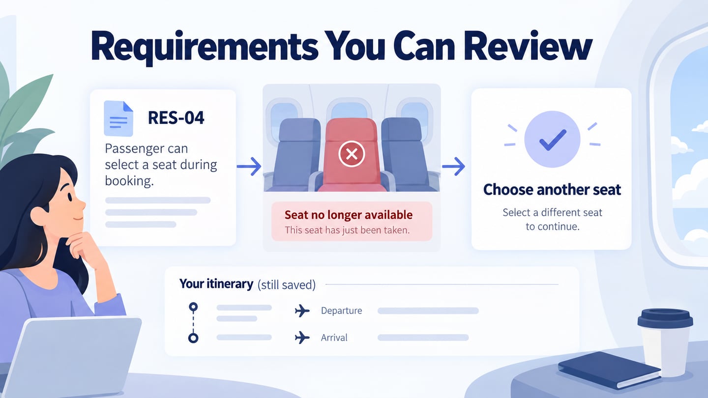 A seat-availability requirement traced to an unavailable-seat screen and a recovery check.