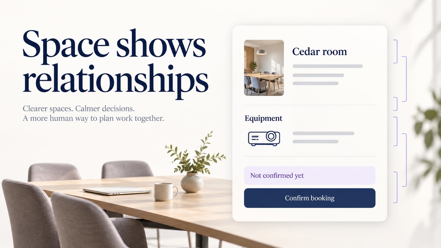 A room-booking summary uses spacing to group time and room details and keep the unconfirmed status beside the action.