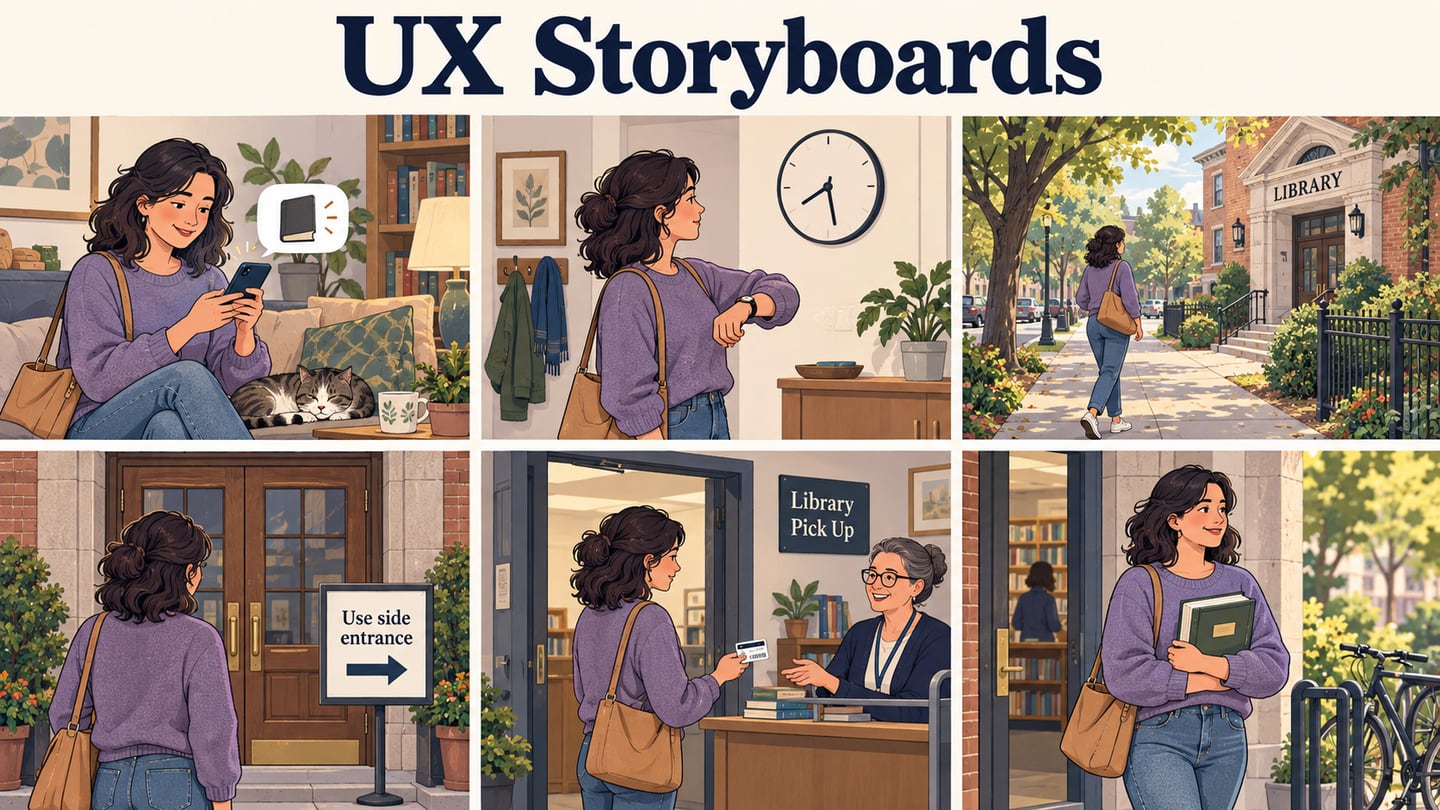 A six-scene storyboard follows a reader from a library pickup notice to the correct entrance and collection desk.