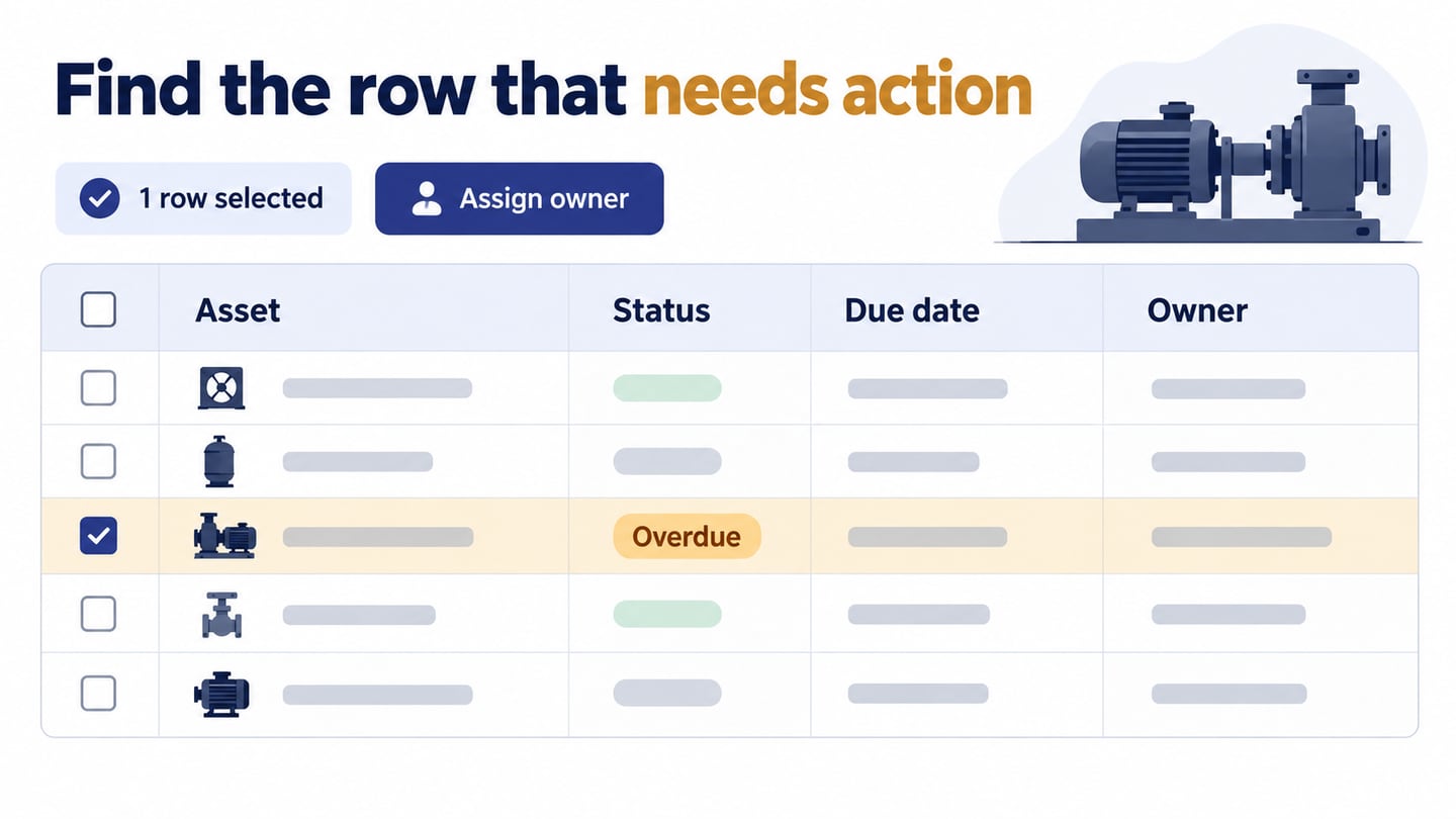 An overdue asset row selected for assigning an owner