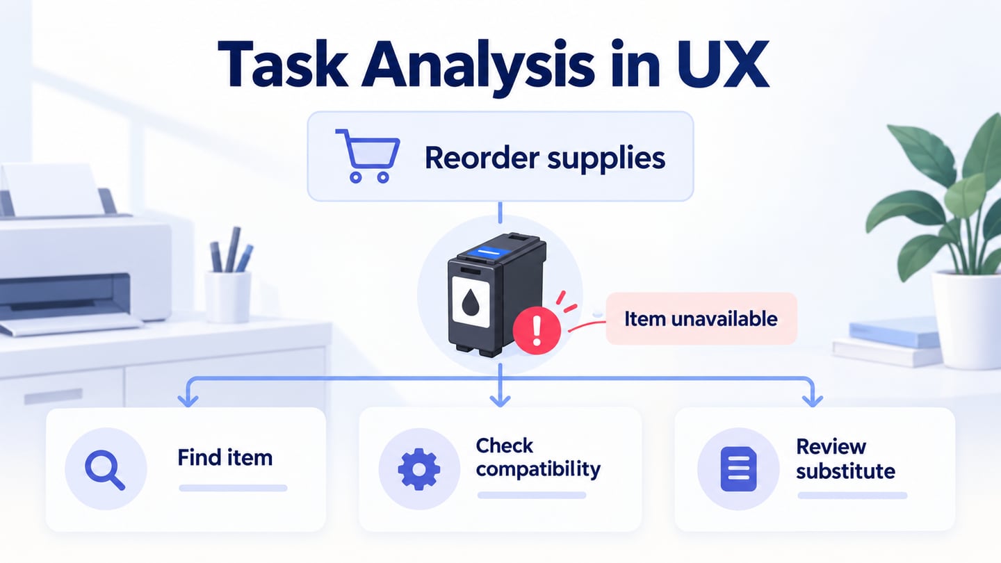 An office-supplies reorder task decomposed into finding an item, checking compatibility and reviewing a substitute.