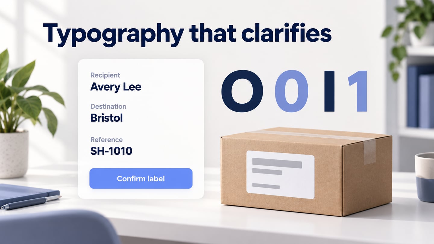 A shipping label and comparisons of easily confused letters and numbers.