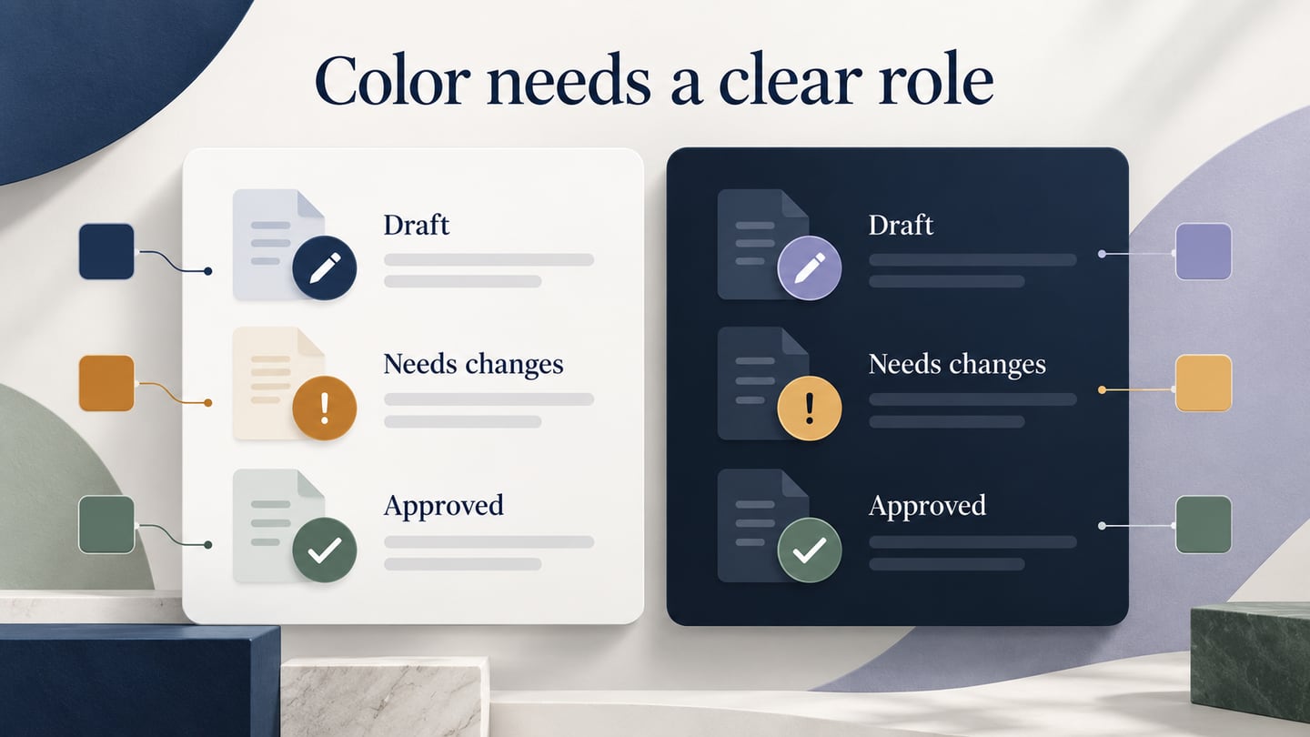Draft, needs-changes and approved states pair labels and icons with color.