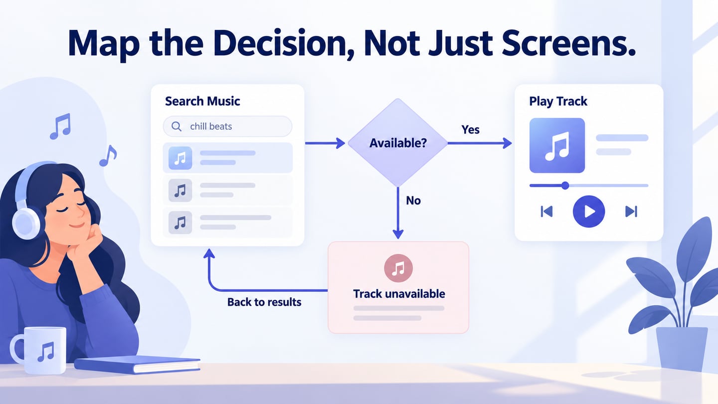 A music-search flow with available and unavailable branches and a return to results.