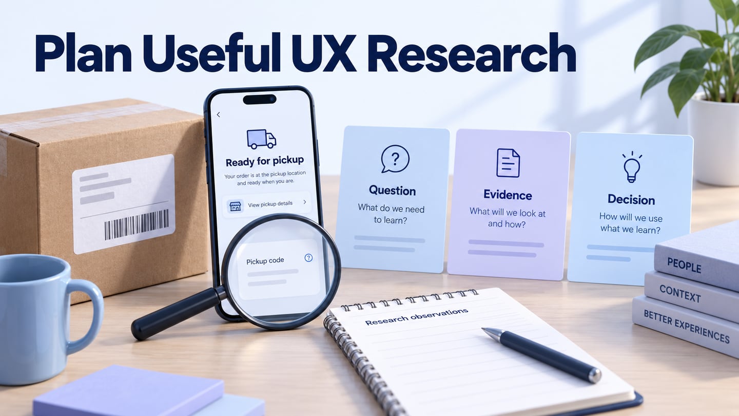 A parcel-pickup question connected to research evidence and a next design decision.