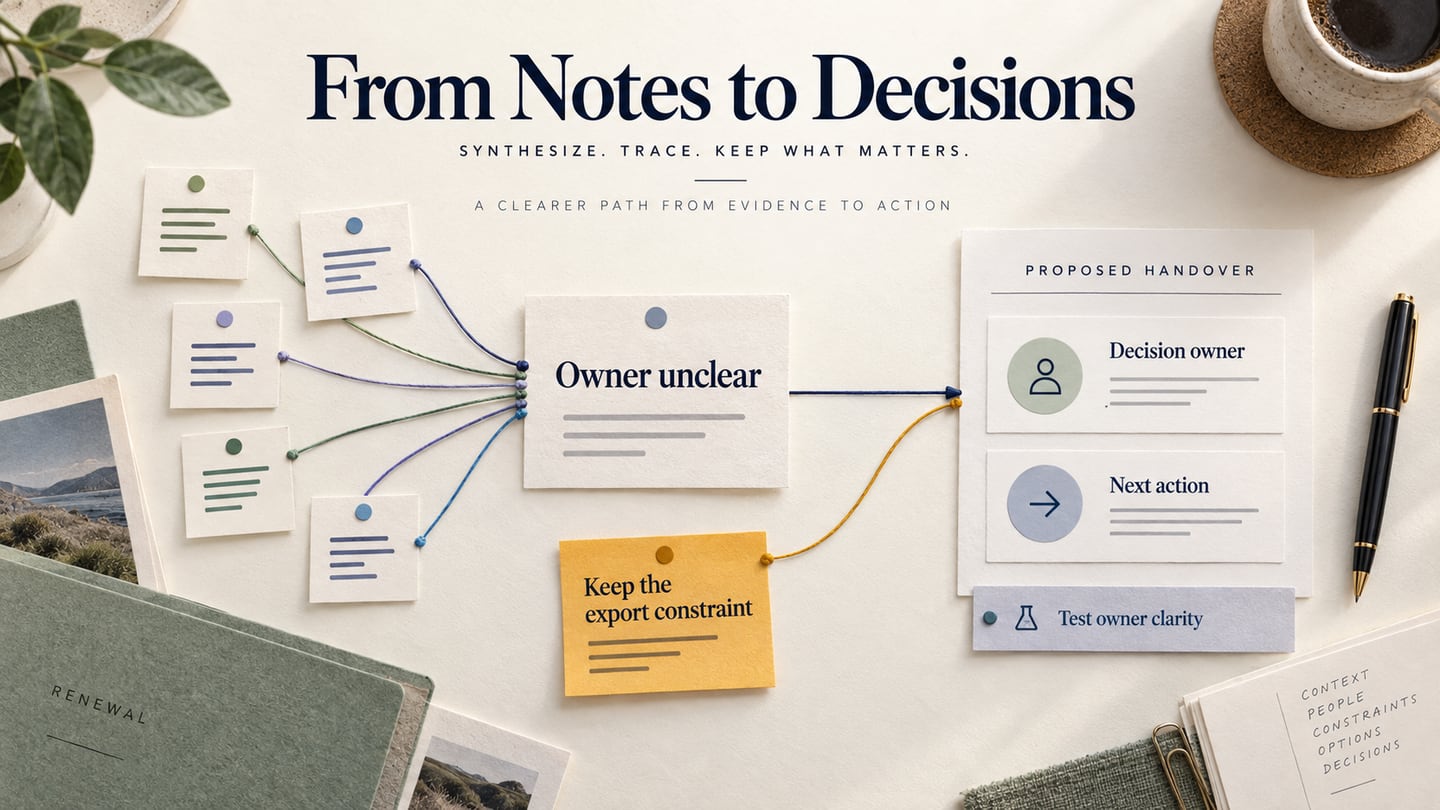 Research notes connect to an owner-clarity theme and a proposed handover panel, while a separate export constraint remains visible.