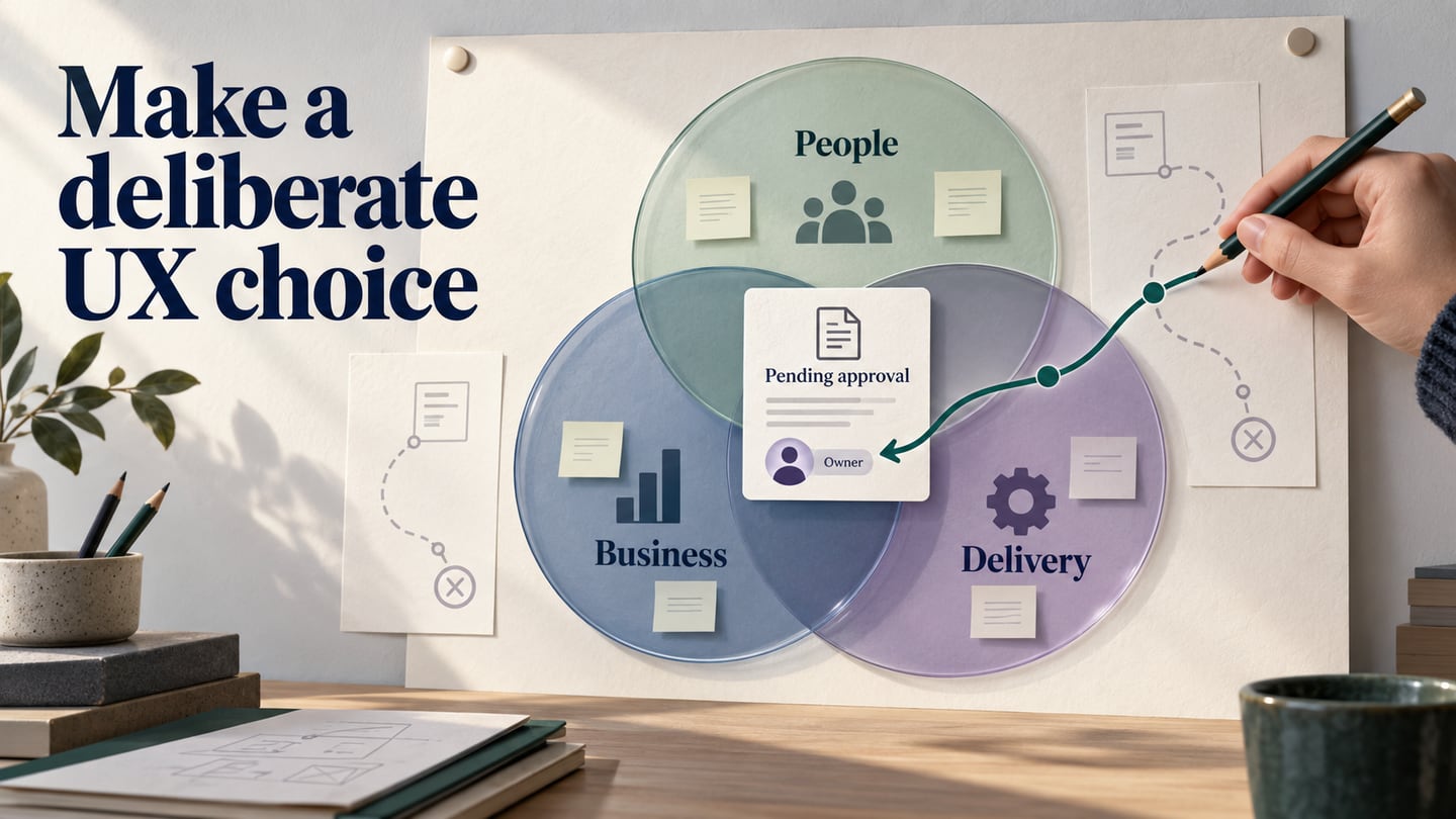 A pending invoice at the center of user, business and delivery considerations, with a clear owner decision.