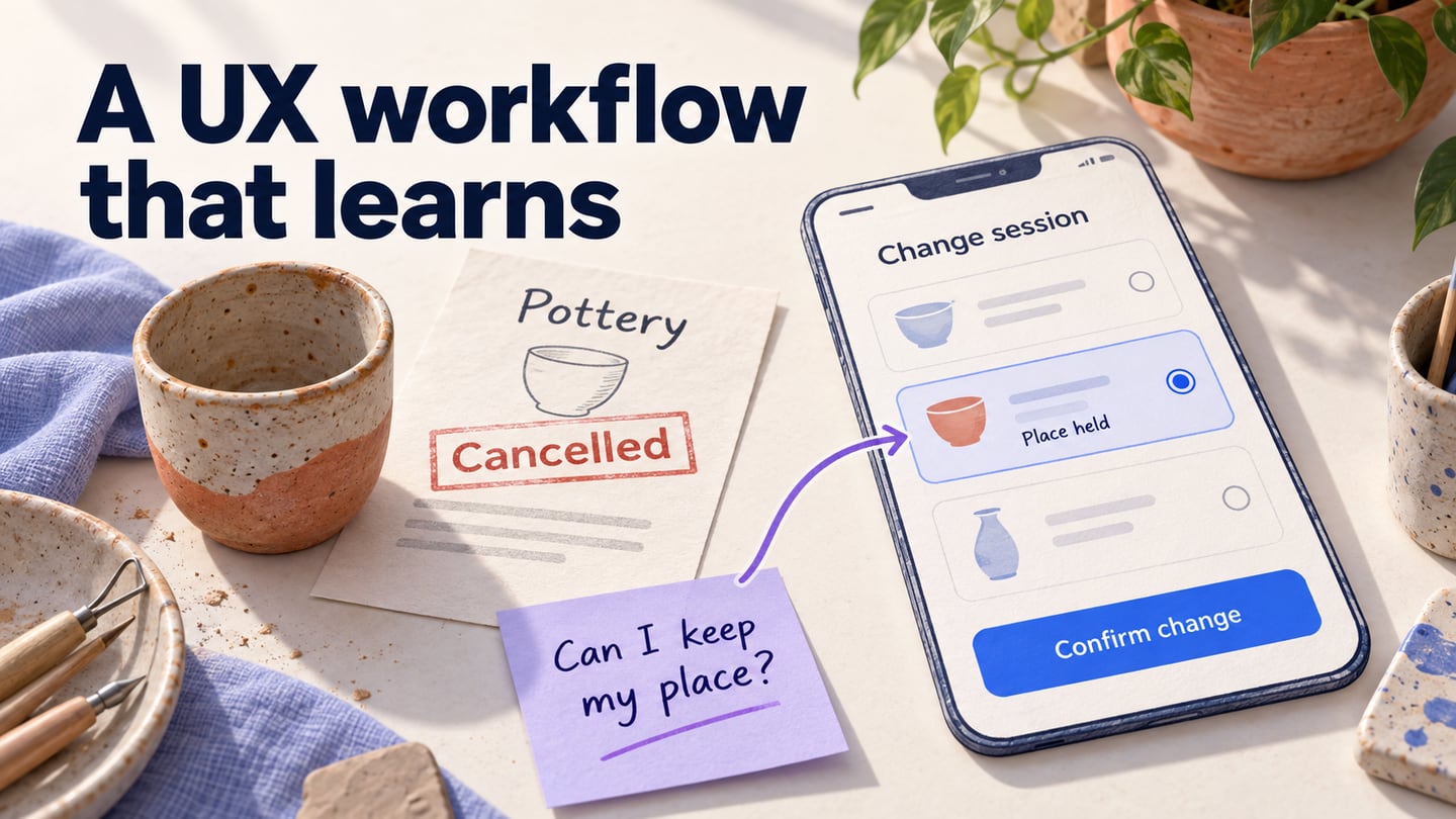 A cancelled pottery class schedule, a revised session screen and a feedback note connected in a UX workflow.