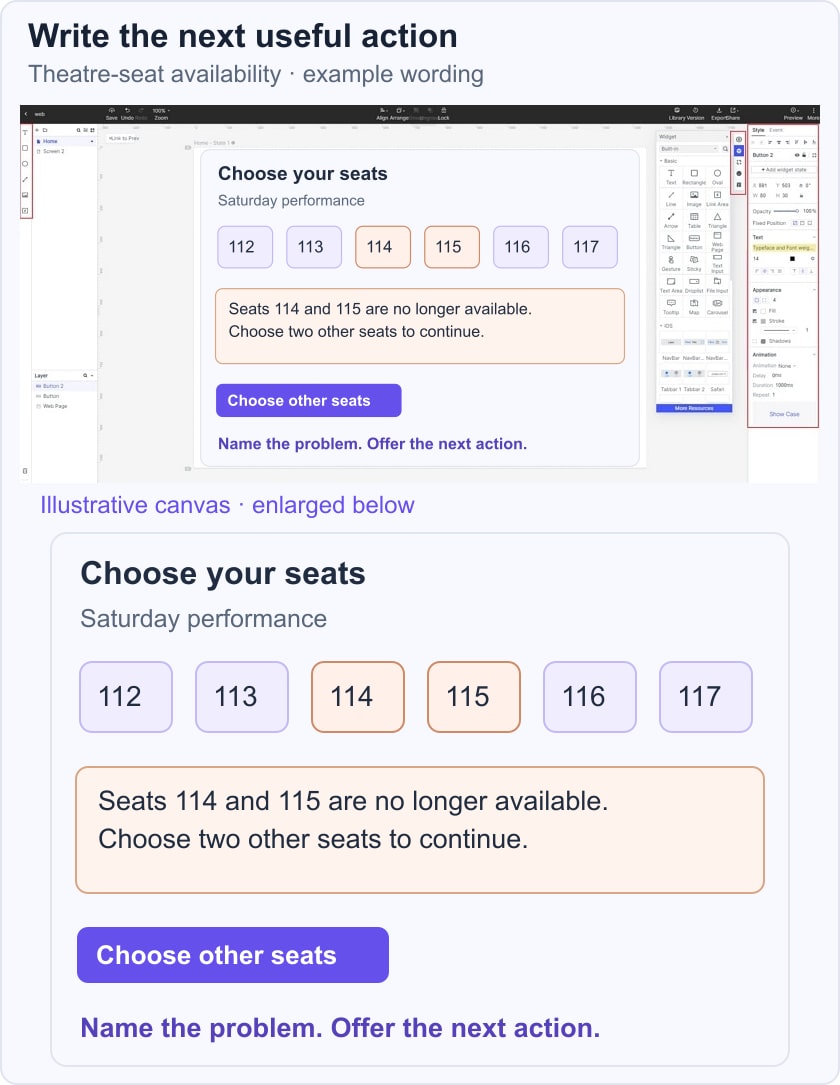 Unavailable theatre seats114 and115 paired with a clear message and Choose other seats action.