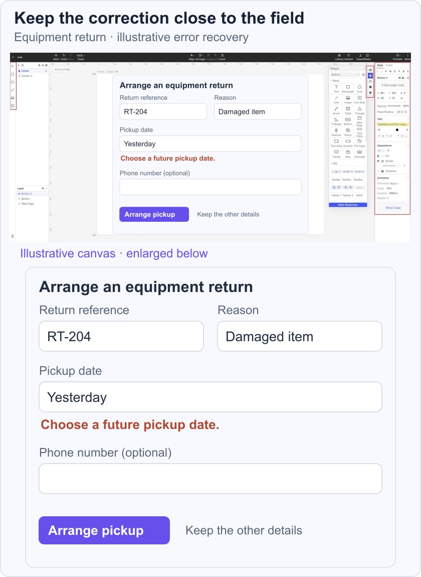 Equipment-return form preserves RT-204 and the reason while asking the user to choose a future pickup date.