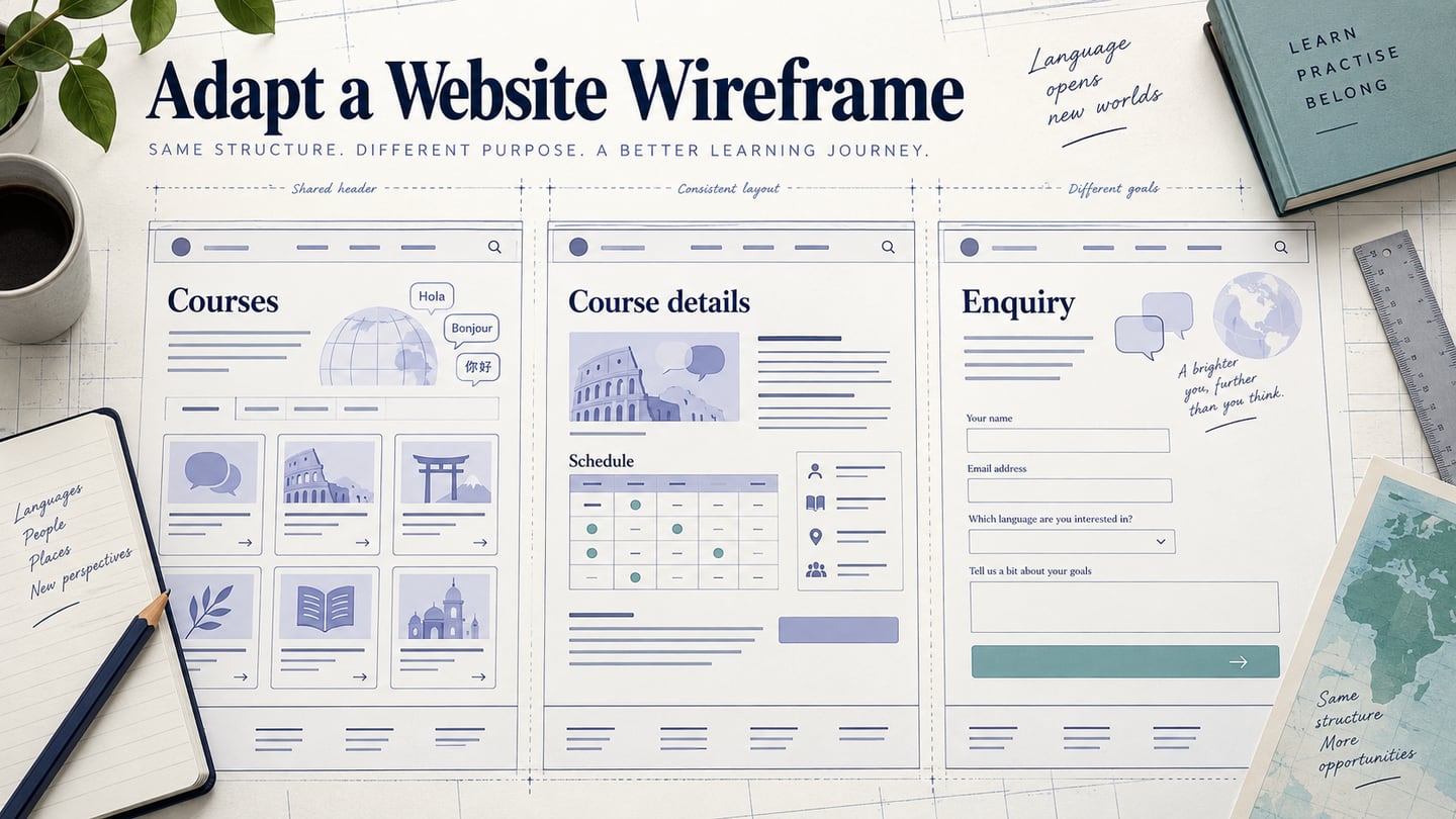 Website wireframe references adapted into a language-school course list, detail page and enquiry form.