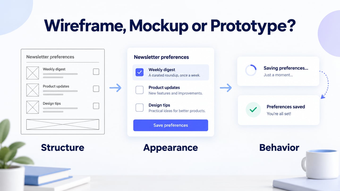 Newsletter preferences shown as a wireframe structure, a visual mockup and a connected prototype flow.