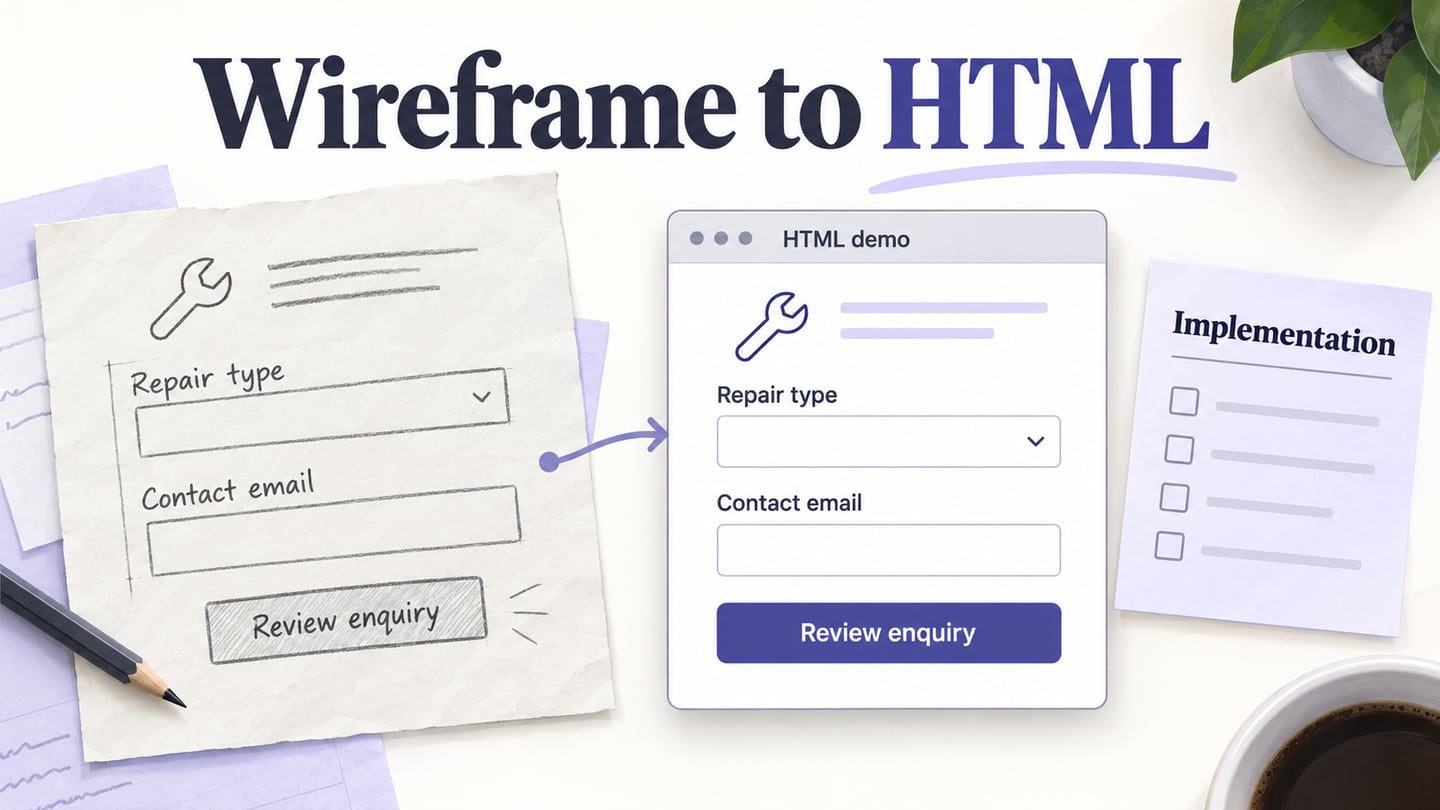 A repair-enquiry wireframe beside an HTML demo window and a separate implementation checklist.