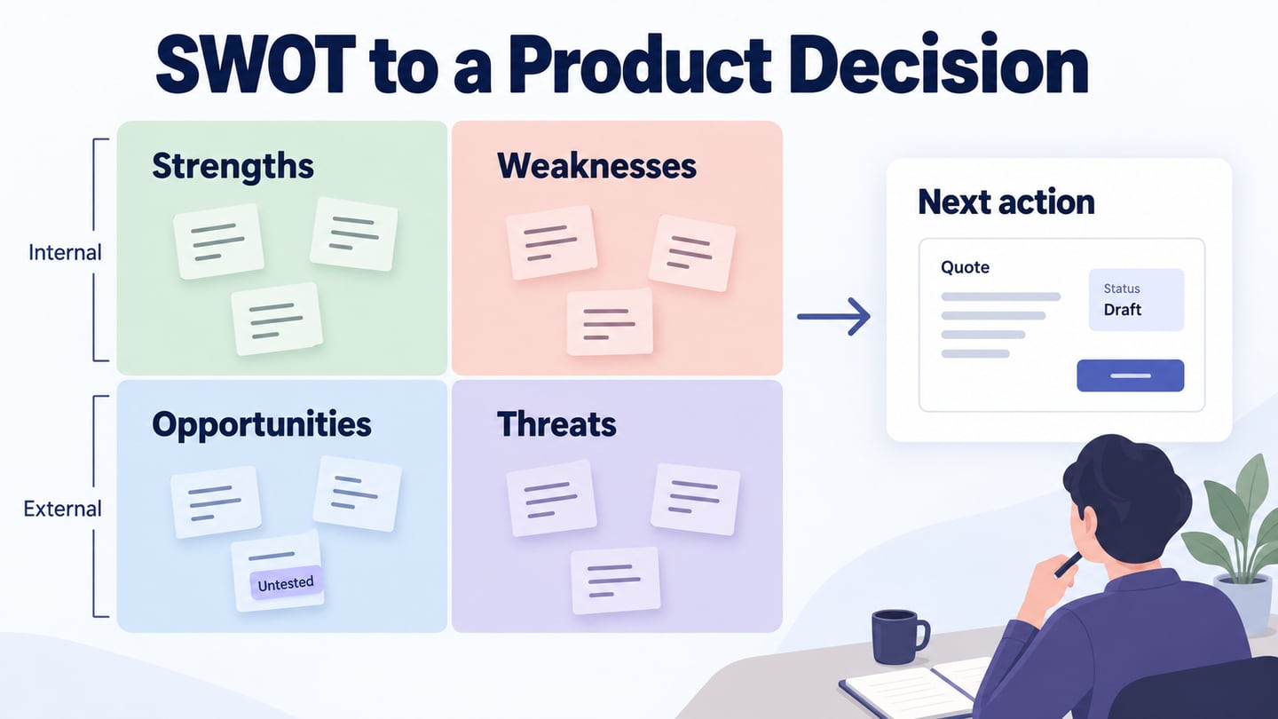 Four SWOT quadrants connect to one prioritized product action