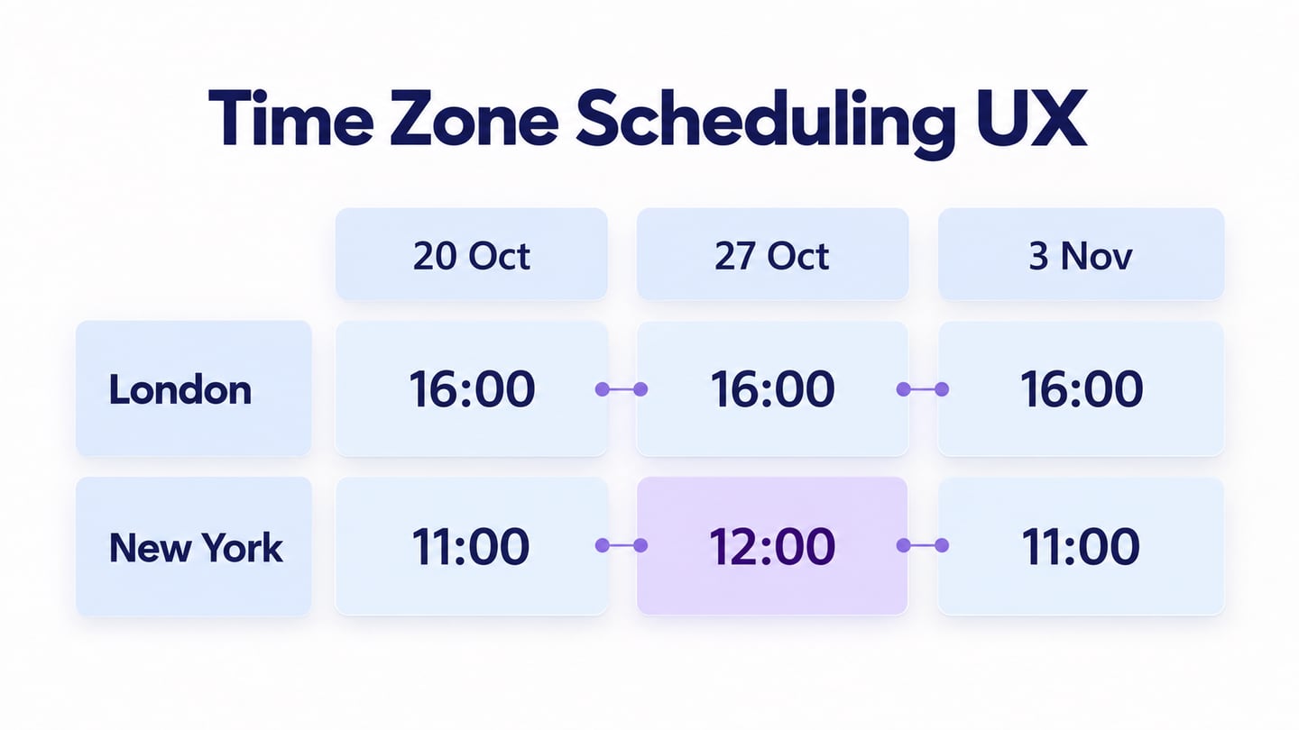 A recurring London meeting stays at 16:00 while the New York time changes from 11:00 to 12:00 and back across three dates.