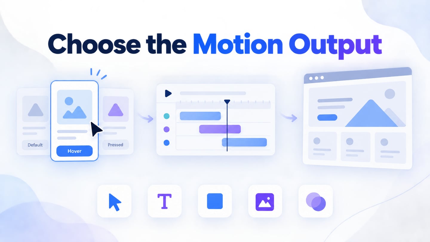 Interactive prototype states, a motion-video timeline, and a published website as different outputs