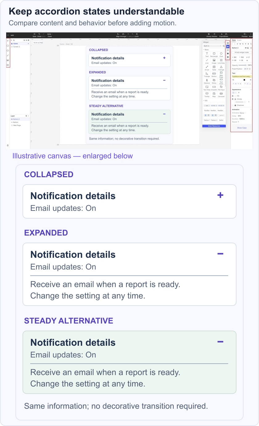 Mockitt editor composition comparing notification accordion states and a steady reduced-motion alternative