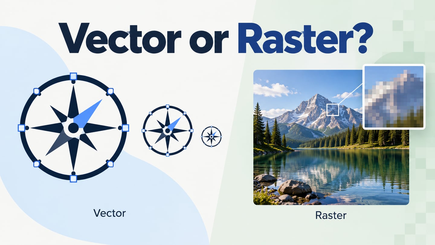 Scalable vector compass beside a pixel-based landscape image