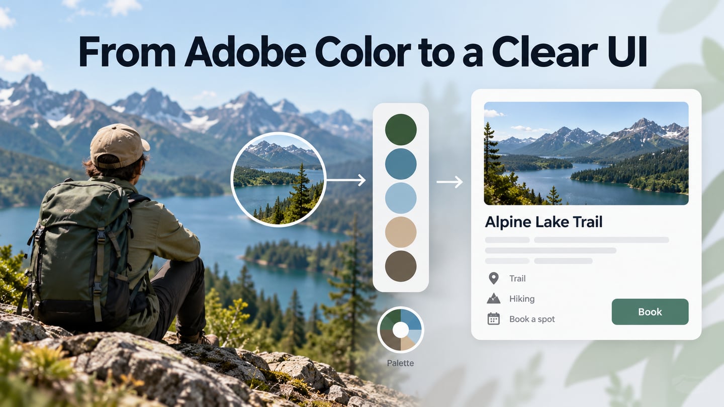An outdoor reference image leads to a palette and a readable trail-booking interface card.