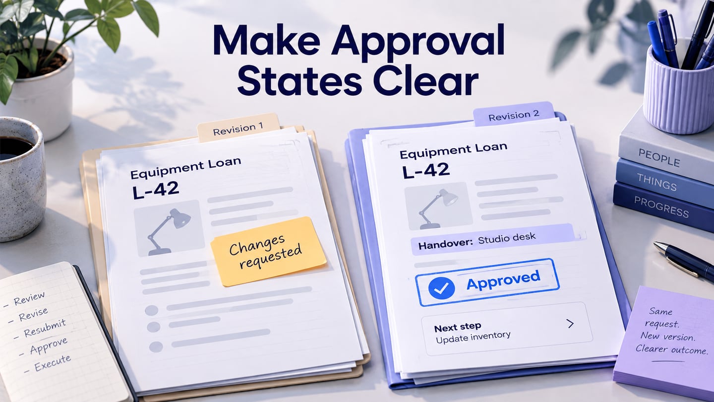 An equipment-loan request moves from requested changes to a revised handover detail and an approval decision.