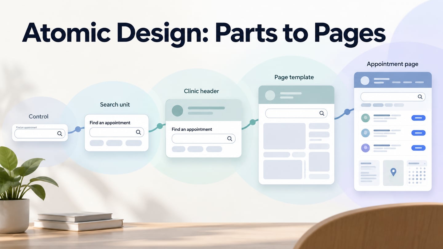 Search controls combine into a search unit, clinic header, page template and populated appointment page.